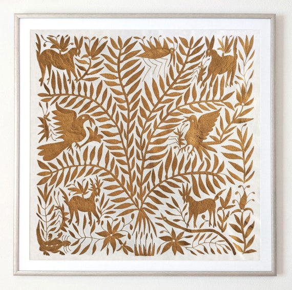 Made to Order. Unframed Otomi Tree of Life Wall Art Hand Embroidered Tapestry Mexican Textile in Gold Ocher Color