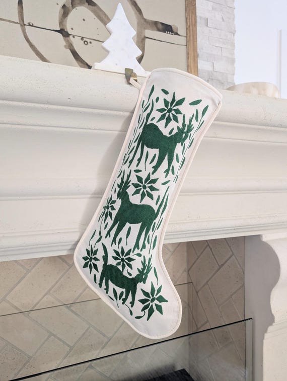 Otomi Christmas Stocking Hand Embroidered - Green Amazon Mexican Textile