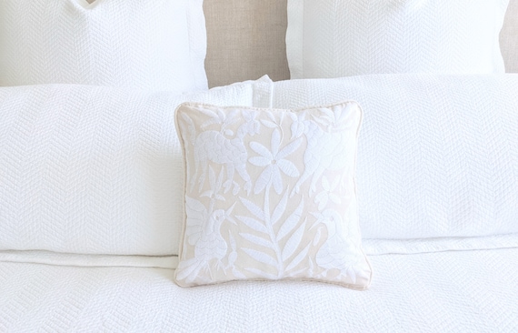 In Stock: Otomi Pillow Cover Throw Hand Embroidery Decorative Mexican Fabric in White 14 x 14