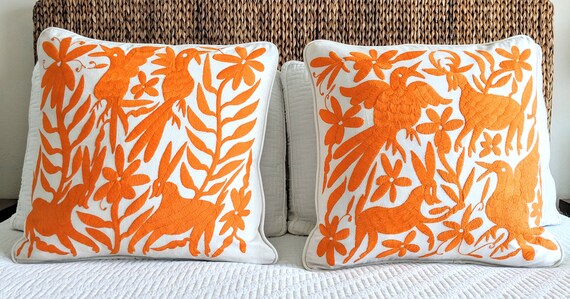 Two Custom Otomi Pillow Covers Hand Embroidered - Orange Mexican Textile