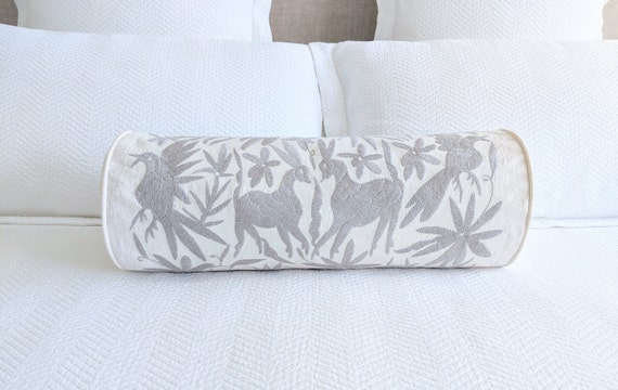 Made-to-Order / Custom Made: Otomí Bolster Throw Pillow Cover Hand Embroidery Decorative Mexican Textile in Gray