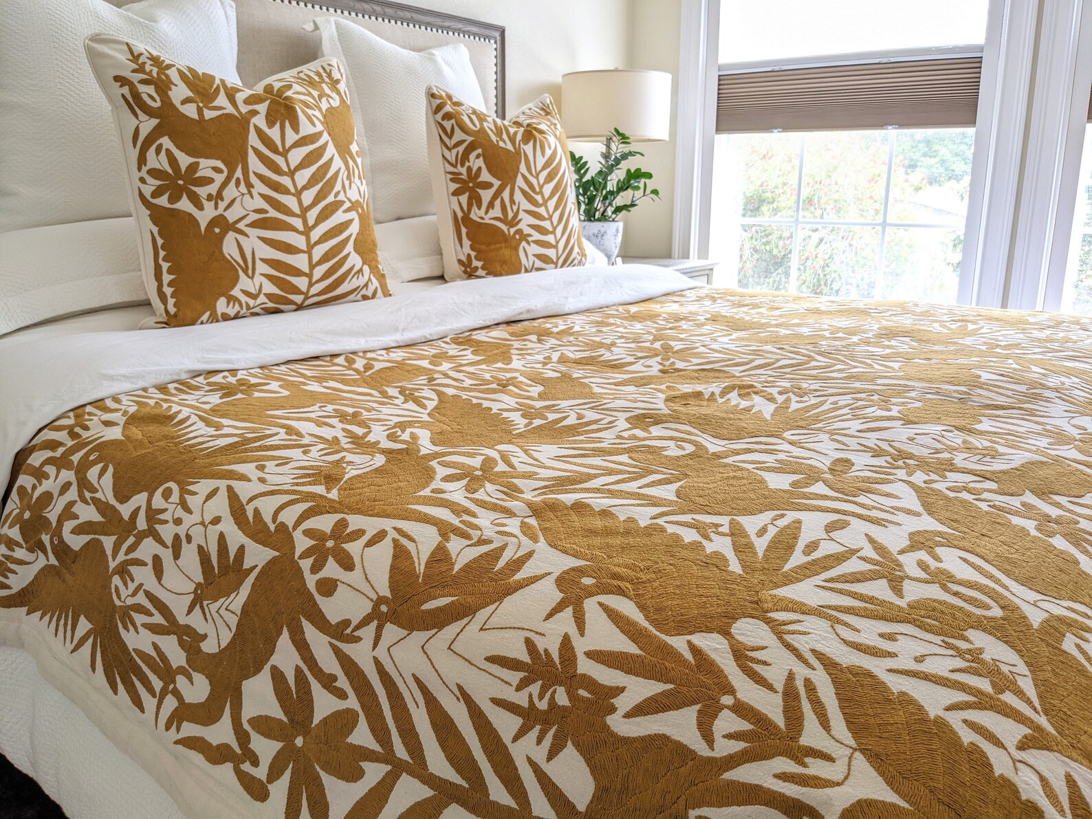 NNDØ HÜNI (Etsy) Made-To-Order Otomi Hand Embroidered Quilt In Amber Ocher Gold