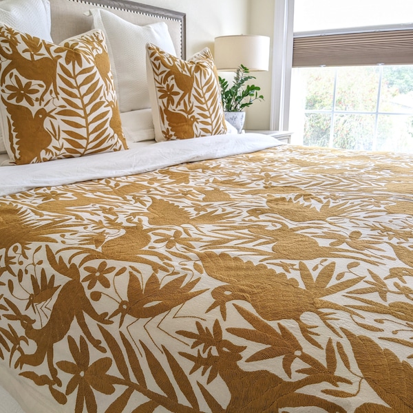Made-to-Order / Custom Made: Otomi Hand Embroidered Throw Quilt Blanket Decorative Mexican Textile Fabric Bedding in Amber Ocher Gold
