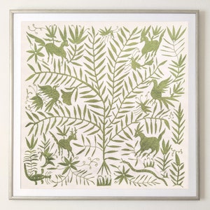 Handbroderad Otomi-tapet - Spenatgrön mexikansk konst (oramad)
