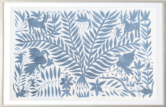In Stock. Unframed Otomi Tree of Life Wall Art Hand Embroidered Tapestry Mexican Textile in Slate Gray.