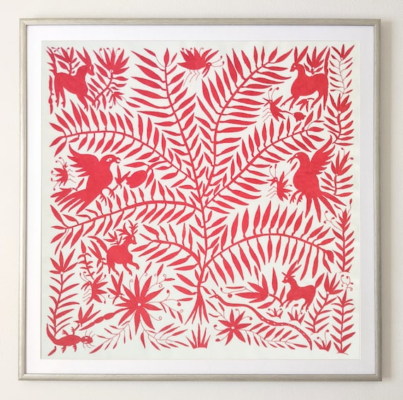 Made to Order. Unframed Otomi Tree of Life Wall Art Hand Embroidered Tapestry Mexican Textile in Red.