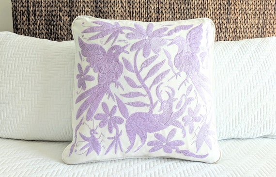 Made-to-Order / Custom Made: Otomi Throw Pillow Cover Hand Embroidery Decorative Mexican Fabric in Lavender Lilac