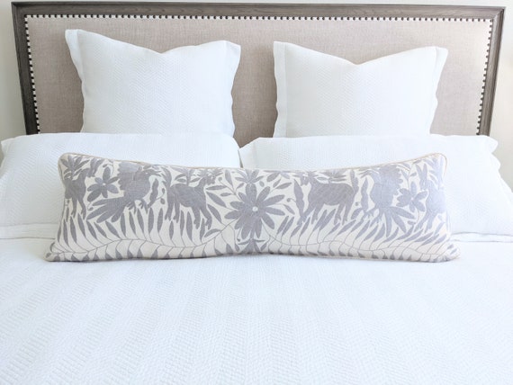 Made-to-Order / Custom Made: Otomí Extra Long Lumbar Throw Pillow Cover Hand Embroidery Decorative Mexican Textile in Gray