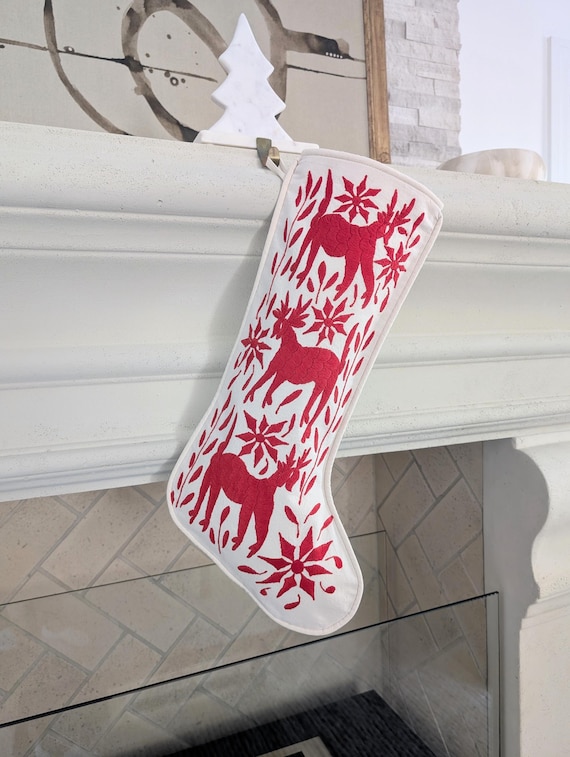 Otomi Christmas Stocking Hand Embroidered - Red Scarlet Mexican Textile