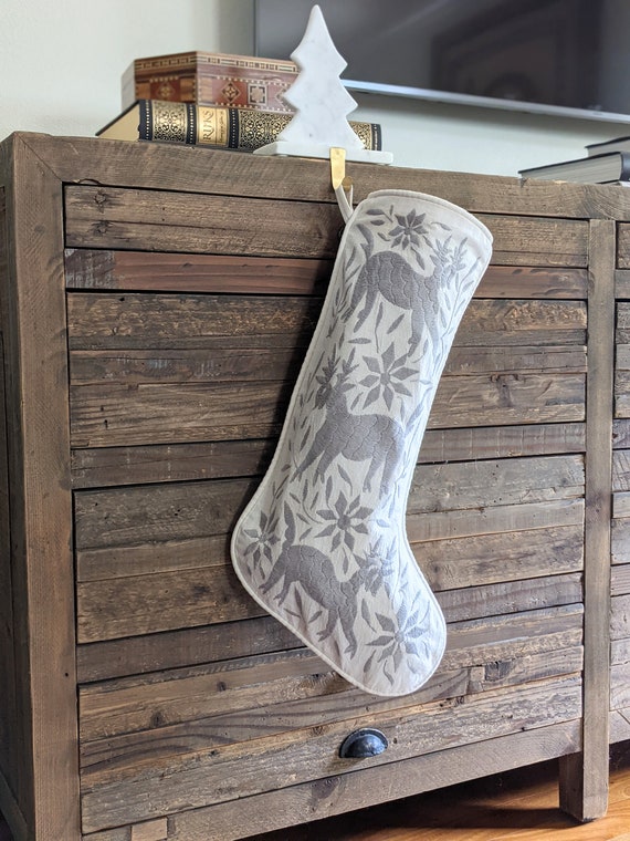 Made-to-Order / Custom Made: 1 Otomi Christmas Stocking Hand Embroidered Decorative Mexican Textile Fabric in Gray