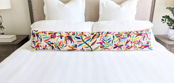 Made-to-Order / Custom Made: Otomí Extra Long Lumbar Throw Pillow Cover Hand Embroidery Decorative Mexican Textile in Multicolor