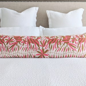 Made to Order. Otomí Extra Long Lumbar Throw Pillow Cover Hand Embroidered Mexican Textile in Gold and Coral Pink