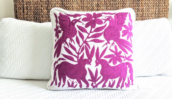 Made-to-Order / Custom Made: Otomi Throw Pillow Cover Hand Embroidery Decorative Mexican Fabric in Purple Magenta