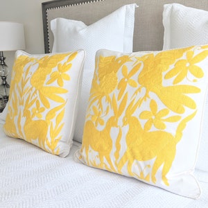 Made-to-Order / Custom Made: 2 Otomí Throw Pillow Covers Hand Embroidery Decorative Mexican Fabric in Vibrant Yellow image 4