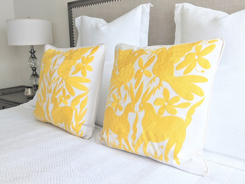 Made-to-Order / Custom Made: 2 Otomí Throw Pillow Covers Hand Embroidery Decorative Mexican Fabric in Vibrant Yellow image 4