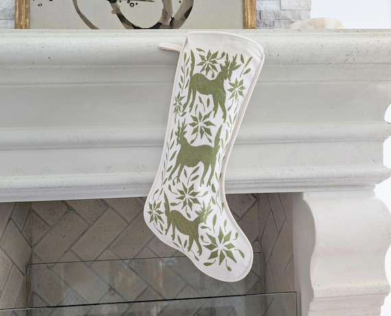Hand Embroidered Otomi Christmas Stocking - Spinach Green Mexican Textile