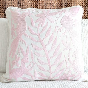 In Stock: Otomi Throw Pillow Cover Hand Embroidery Decorative Mexican Fabric in Pastel Baby Pink 20 x 20