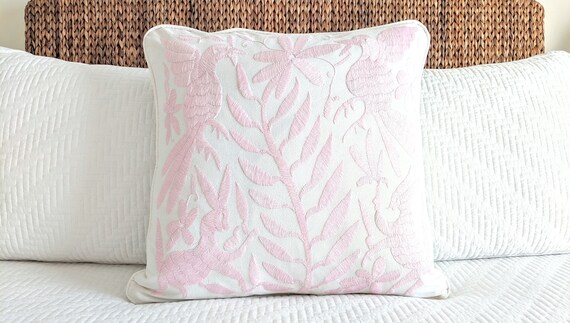 Made-to-Order / Custom Made: Otomi Throw Pillow Cover Hand Embroidery Decorative Mexican Fabric in Pastel Pink