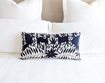 Made-to-Order / Custom Made: Otomí Lumbar Throw Pillow Cover Hand Embroidery Decorative Mexican Fabric in Dark Navy Blue