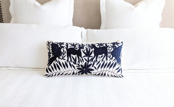 Made-to-Order / Custom Made: Otomí Lumbar Throw Pillow Cover Hand Embroidery Decorative Mexican Fabric in Dark Navy Blue