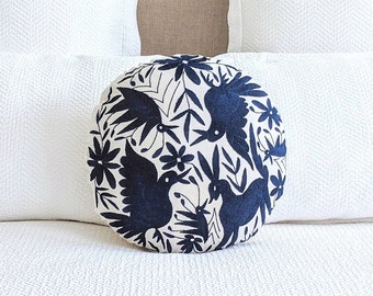 In Stock: Otomi Round Throw Pillow Cover Hand Embroidery Decorative Mexican Fabric in Dark Blue Color