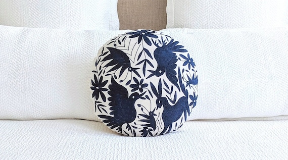 In Stock: Otomi Round Throw Pillow Cover Hand Embroidery Decorative Mexican Fabric in Dark Blue Color