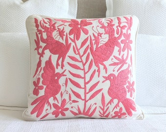 Made-to-Order / Custom Made: Otomi Hand Embroidery Throw Pillow Cover Decorative Mexican Fabric in Coral Pink