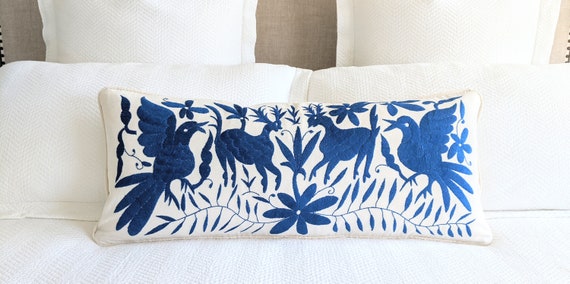 Custom Otomi Lumbar Pillow Cover Hand Embroidered - Sapphire Blue Mexican Textile