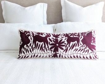 Made-to-Order / Custom Made: Otomí Extra Long Lumbar Throw Pillow Cover Hand Embroidery Decorative Mexican Fabric in Cordovan Rich Burgundy