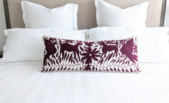 Made-to-Order / Custom Made: Otomí Extra Long Lumbar Throw Pillow Cover Hand Embroidery Decorative Mexican Fabric in Cordovan Rich Burgundy