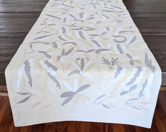 In Stock: Otomí Table Runner Embroidered Mexican Textile Fabric in Neutrals Ivory Beige Gray White
