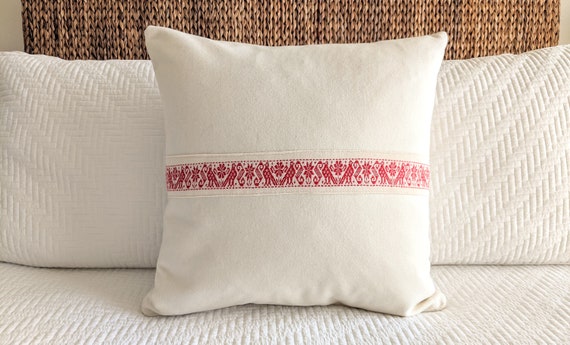 In Stock: 1 Otomí Stripe with Luxury Wool Hand Embroidered Throw Pillow Cover Christmas Decoration in Natural Color 20 x 20
