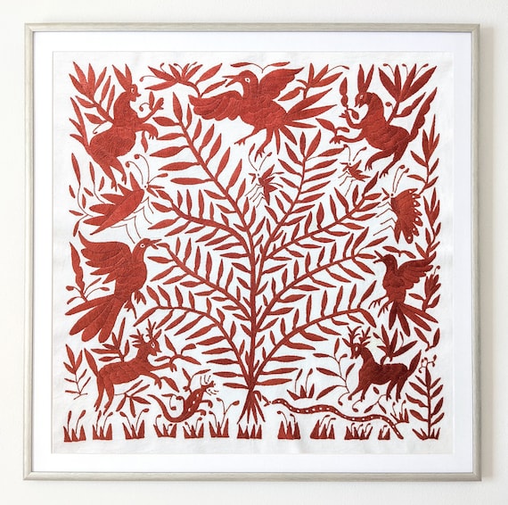 Made to order Custom Made Unframed Otomi Fabric Wall Art Decor Mexican Textile Tree of Life Hand Embroidered in Burnt Orange Etsy Canada