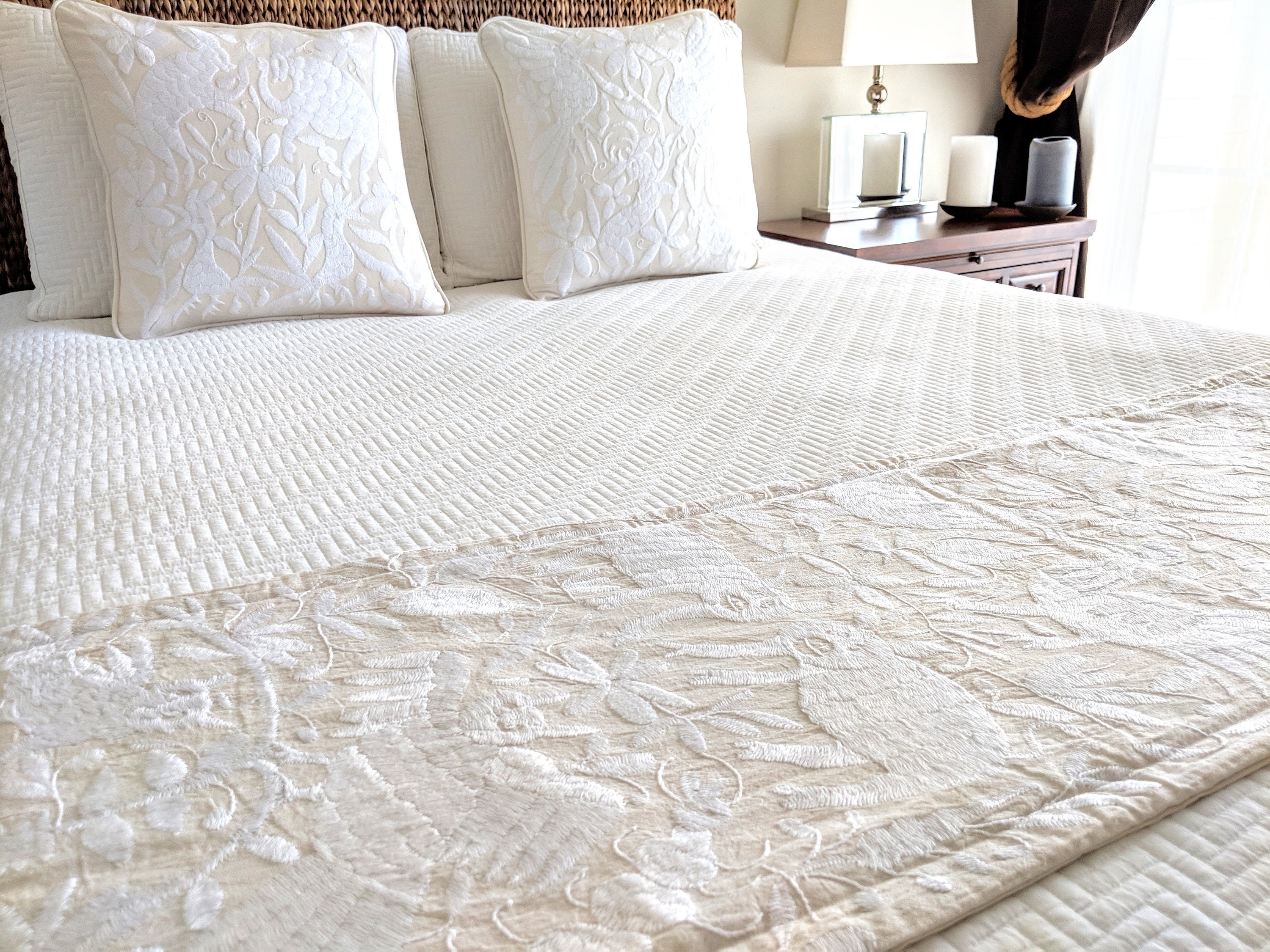 Otomi Hand Embroidery Bedding Set, 1 Bed Scarf and 2 Decorative Mexican