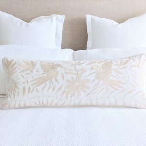 Made-to-Order / Custom Made: Otomí Extra Long Lumbar Throw Pillow Cover Hand Embroidery Decorative Mexican Fabric in Ivory Light Beige