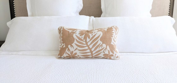 Made-to-Order / Custom Made: Otomí Lumbar Throw Pillow Cover Hand Embroidery Decorative Mexican Fabric in Camel Color