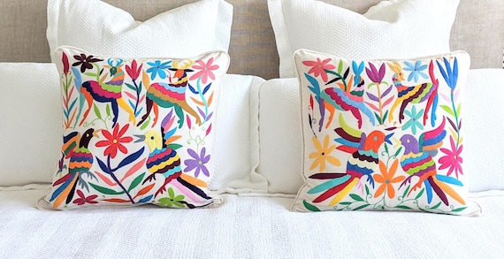 Made to Order. Two Otomi Throw Pillow Covers Hand Embroidered Mexican Fabric in Multicolor