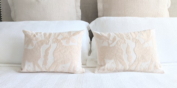 Made-to-Order / Custom Made: 2 Otomi Throw Small Lumbar Pillow Covers Hand Embroidery Decorative Mexican Fabric in Ivory Light Beige