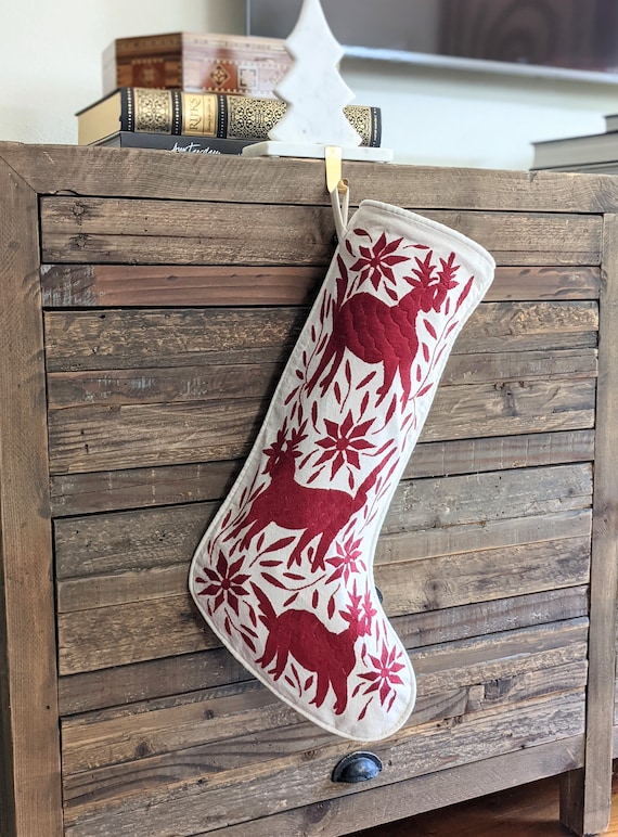 Made-to-Order / Custom Made: 1 Otomi Christmas Stocking Hand Embroidered Decorative Mexican Textile Fabric in Burgundy / Dark Red