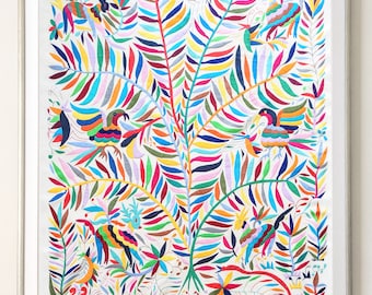 Auftragsarbeit / Maßanfertigung: Ungerahmt Otomi Wandkunst Baum des Lebens Handgesticktes mexikanisches Textil in Mehrfarbig