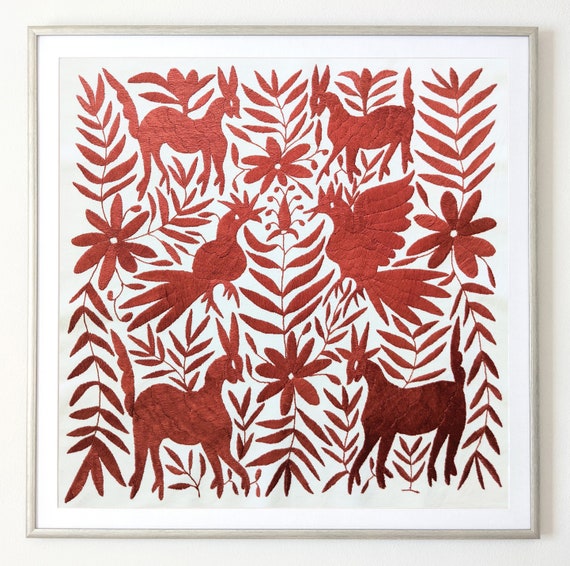 Custom Otomi Hand Embroidered Tapestry - Burnt Orange Mexican Art (Unframed)