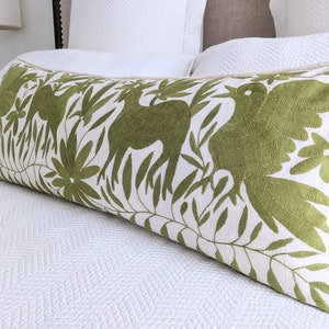 Made-to-Order / Custom Made: Otomí Extra Long Lumbar Throw Pillow Cover Hand Embroidery Decorative Mexican Textile in Spinach Green image 3