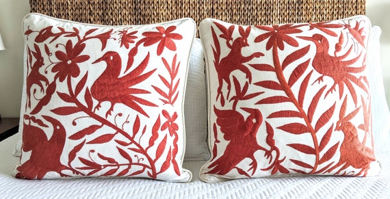 Made to Order. Two Otomi Throw Pillow Covers Hand Embroidered Mexican Fabric in Burnt Orange