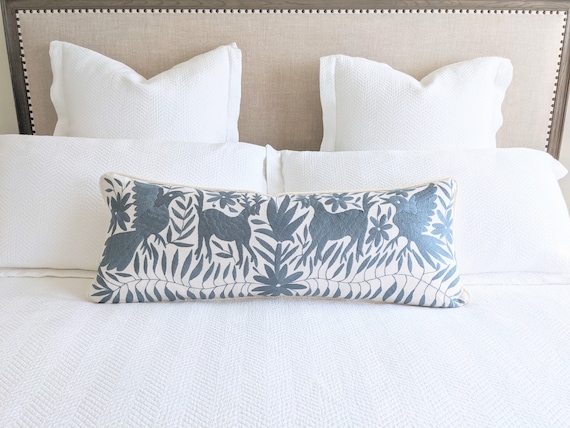 In Stock. Otomí Long Lumbar Throw Pillow Cover Hand Embroidery Mexican Textile in Blue Gray Slate