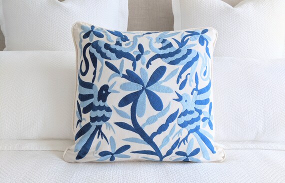 Made-to-Order / Custom Made: Otomi Throw Pillow Cover Hand Embroidery Decorative Mexican Fabric in Pastel and Sapphire Blue