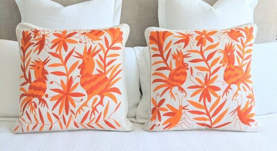 Made-to-Order / Custom Made: 2 Otomi Throw Pillow Covers Hand Embroidery Decorative Mexican Fabric in Orange