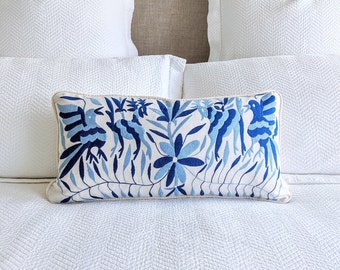 Made-to-Order / Custom Made: Otomí Lumbar Throw Pillow Cover Hand Embroidery Decorative Mexican Fabric in Pastel and Sapphire Blue