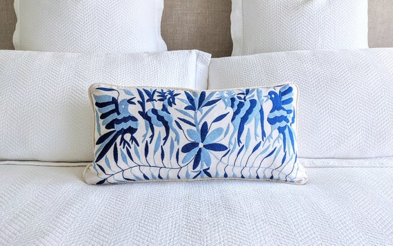 Made-to-Order / Custom Made: Otomí Lumbar Throw Pillow Cover Hand Embroidery Decorative Mexican Fabric in Pastel and Sapphire Blue