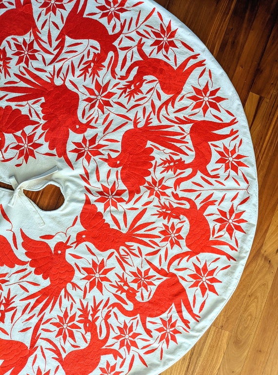 Made-to-Order / Custom Made: Otomí Christmas Tree Skirt Hand Embroidered Decorations Mexican Textile in Red