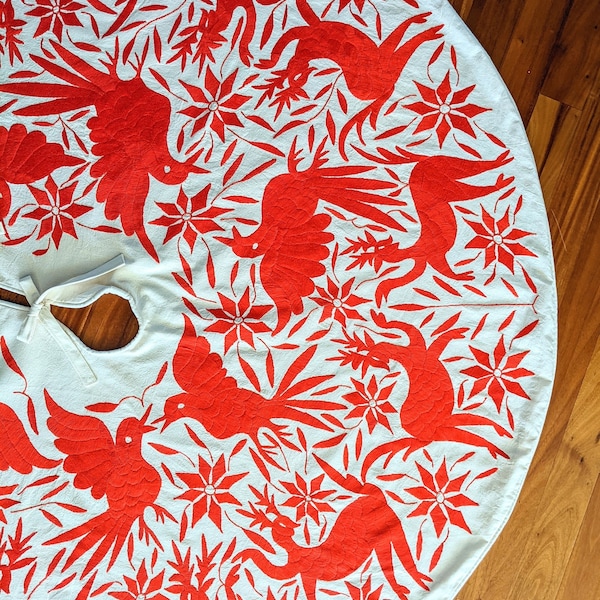 Made-to-Order / Custom Made: Otomí Christmas Tree Skirt Hand Embroidered Decorations Mexican Textile in Red